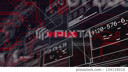 Pulsing red VIRUS text dominating digital interface, with red circuit tracings and data panels 134139019