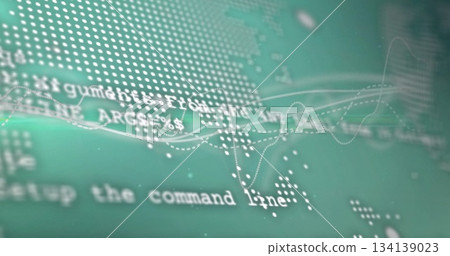 Displaying virtual interface with code snippets and waveform lines over dotted world map markers Displaying virtual interface with code snippets and waveform lines over dotted world map markers 134139023