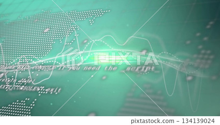 Pulsing green light node streaming data traces on digital panel, showing blurred code and world map Pulsing green light node streaming data traces on digital panel, showing blurred code and world map 134139024