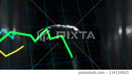 Displaying metallic crocodile head rising on digital grid, neon green and yellow graphs, copy space Displaying metallic crocodile head rising on digital grid, neon green and yellow graphs, copy space 134139025