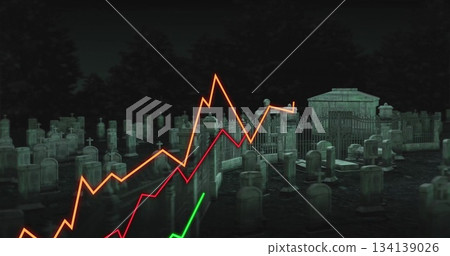 Displaying mausoleum standing by fence at nighttime cemetery with tombstones and jagged line graphs Displaying mausoleum standing by fence at nighttime cemetery with tombstones and jagged line graphs 134139026
