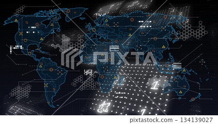 Displaying global network map with dot matrix on dashboard, showing hexagonal clusters and warnings Displaying global network map with dot matrix on dashboard, showing hexagonal clusters and warnings 134139027