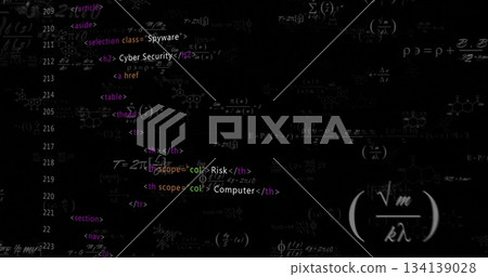 Displaying HTML code and math formulas on black screen, with Spyware class tags and chemical rings 134139028