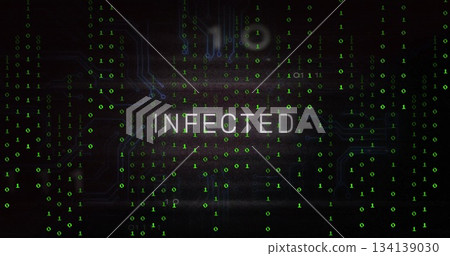 Displaying bold white INFECTED text floating in cyberspace system with cascading green binary code 134139030