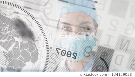 Presenting surgeon wearing scrubs, surgical cap and face mask in digital interface, with overlays Presenting surgeon wearing scrubs, surgical cap and face mask in digital interface, with overlays 134139038