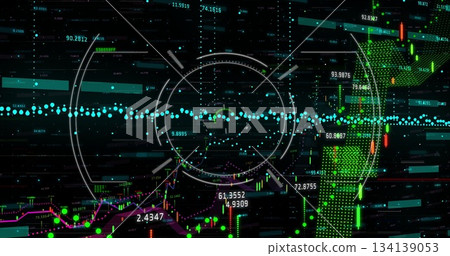 Hovering central circular HUD overlay above trading interface, with bar charts and candlesticks 134139053