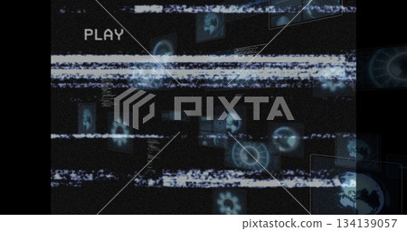 Flickering glitchy static bars with UI panels in VR display, showing pixelated PLAY text plus code 134139057