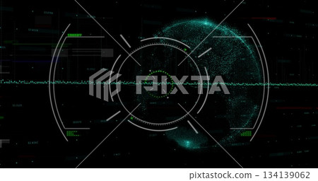 Projecting HUD reticle with particle globe showing waveform at interface with readouts and grids 134139062