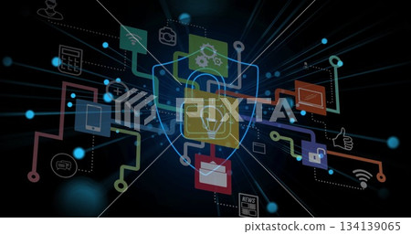 Displaying digital shield and padlock graphic at virtual interface, with network lines, data nodes Displaying digital shield and padlock graphic at virtual interface, with network lines, data nodes 134139065
