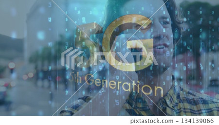 Talking bearded man holding smartphone to ear on urban street, 5G code overlay, copy space Talking bearded man holding smartphone to ear on urban street, 5G code overlay, copy space 134139066
