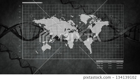 Displaying pixel world map on digital grid overlay showing markers, DNA strands, data table Displaying pixel world map on digital grid overlay showing markers, DNA strands, data table 134139102