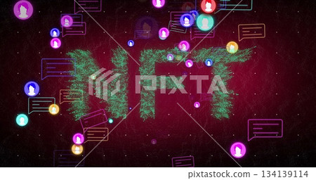 Forming green particle NFT text glowing in digital space, with neon UI elements and glowing flecks Forming green particle NFT text glowing in digital space, with neon UI elements and glowing flecks 134139114