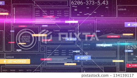 Glowing magenta light streak cutting through virtual interface, with numeric panels and charts Glowing magenta light streak cutting through virtual interface, with numeric panels and charts 134139117