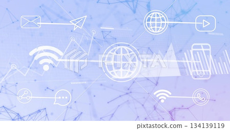 Displaying centered white globe icon on gradient background, with envelope, phone and wifi icons 134139119