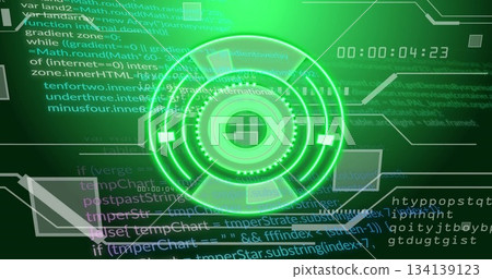 Displaying neon green circular HUD graphic pulsing on digital display, with code overlays and timer 134139123