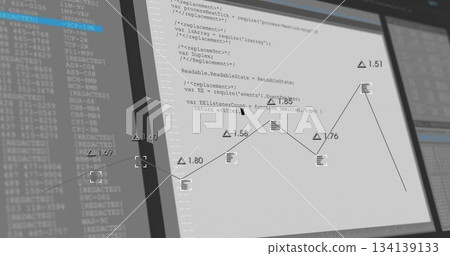 Displaying workspace monitor showing code editor with line graph markers beside list and log panels 134139133