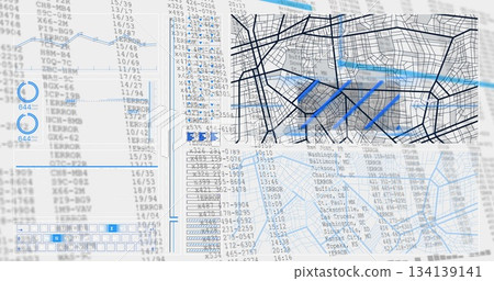 Displaying street-map grid featuring highlighted blue route lines on workstation screen, copy space 134139141