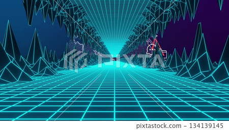 Resting small vehicle silhouette in wireframe tunnel, with glowing turquoise grid and neon icons 134139145