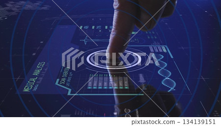 Male index finger tapping control in medical lab, with holographic DNA helix and scan data panels Male index finger tapping control in medical lab, with holographic DNA helix and scan data panels 134139151