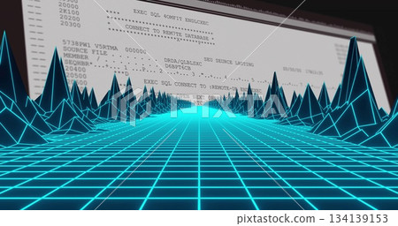 Neon blue wireframe grid showing triangular spikes in virtual interface, with SQL console commands Neon blue wireframe grid showing triangular spikes in virtual interface, with SQL console commands 134139153