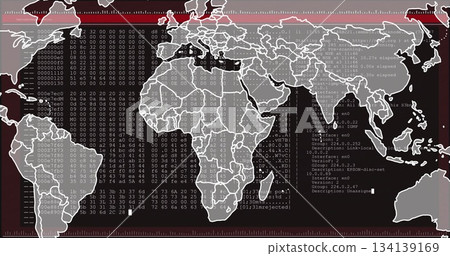 Displaying world map overlaying hex dump and network interface on terminal, with red UI bars Displaying world map overlaying hex dump and network interface on terminal, with red UI bars 134139169