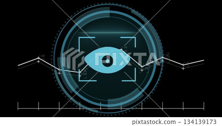 Displaying central cyan-blue eye icon pulsing in HUD, with rings, graph, tick scale and brackets 134139173