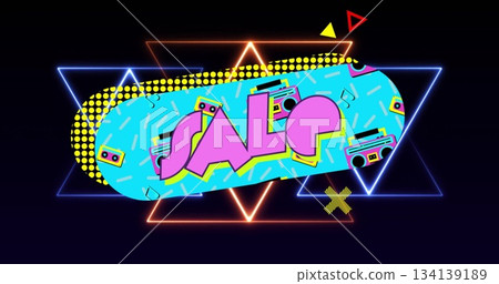 Displaying bold pink SALE text on panel glowing amid neon triangles on black, with boombox icons 134139189