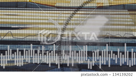 Presenting analytics on panel at facade, white bar chart, data bands, grid ring overlay and cloud 134139202