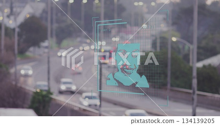Projecting turquoise interface over urban highway, with recognition grid and vehicles Projecting turquoise interface over urban highway, with recognition grid and vehicles 134139205