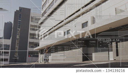 Displaying urban building with parked bicycle at entry showing streaming data overlays, copy space Displaying urban building with parked bicycle at entry showing streaming data overlays, copy space 134139216
