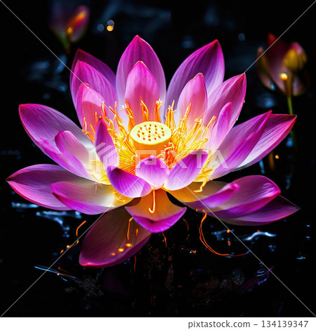 an AI Image Generator, Vibrant Pink Lotus Bloom on Dark Water with Golden Center 134139347