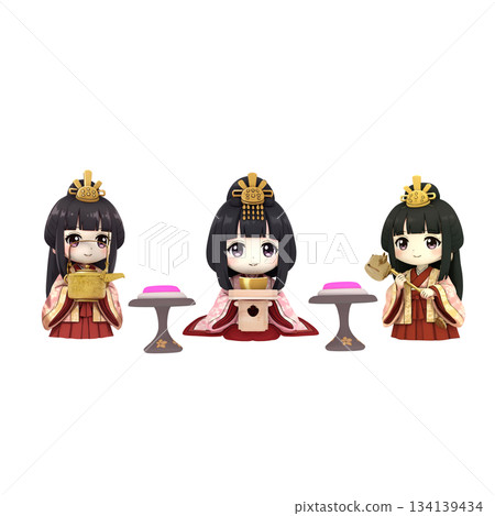 Rice cakes on a high tray and three court ladies for the Hinamatsuri (Girl's Day) festival 134139434