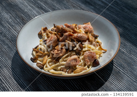 Plate of chicken and mushroom pasta. Plate of chicken and mushroom pasta. 134139591