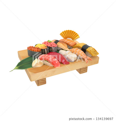 在壽司店裡，為慶祝而擺放的壽司盤上裝飾著一把金色的扇子。 134139697
