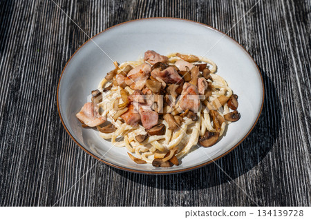 Plate of chicken and mushroom pasta. Plate of chicken and mushroom pasta. 134139728