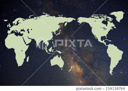 World map overlaid on starry sky (Milky Way) 134139764
