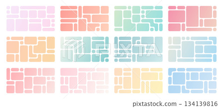 Soft gradient bento grid backgrounds. Pastel abstract tiles layouts with rounded corners for modern UI screens, wallpapers, social media covers and gentle collage templates. 134139816