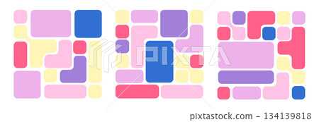 Colorful bento grid layouts with pastel geometric tiles. Cute collage frames and social media card templates for stories, posts and modern UI backgrounds. 134139818