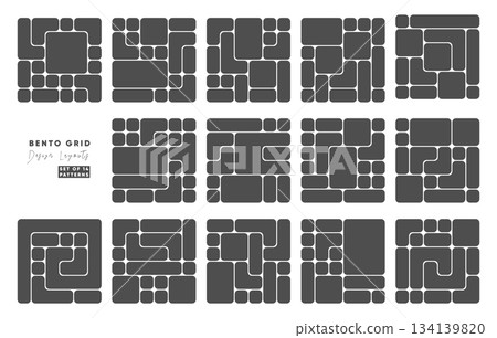 Bento grid filled dark block arrangements. Set of 14 abstract modular patterns for web UI designs, presentation slides, and tiling frames. Trendy geometric vector templates. 134139820