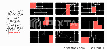 Ultimate bento grid layouts with black and red tiles. Minimal abstract UI panel templates for website headers, dashboards, collage frames and modern presentation covers. 134139831