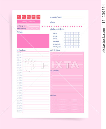 Daily schedule planner template with mood tracker and to do list, pink minimal day organizer printable page. 134139834
