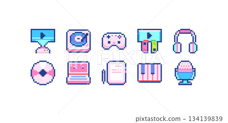 Pixel Art Entertainment, Gaming and Music Devices Pack. 8bit Consoles, Controllers, Headphones, Laptops and Streaming Studio Icons. Pixel Art Entertainment, Gaming and Music Devices Pack. 8bit Consoles, Controllers, Headphones, Laptops and Streaming Studio Icons. 134139839