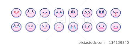 Pixel Art Emoji Faces Set. Kawaii 8bit Round Expressions Icons for Chats, Streams and Social Media Reactions. Pixel Faces - smile, sad, happy, angry, Crying, Laugh, Wink, Blush. Kawaii Cute Emoji 134139840