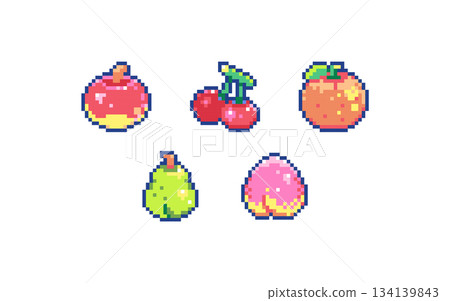 Pixel Fruit Icons Pack. Kawaii 8bit Apple, Cherry, Orange, Pear and Peach Stickers for Games, Planners and Apps. Pixel Fruit Icons Pack. Kawaii 8bit Apple, Cherry, Orange, Pear and Peach Stickers for Games, Planners and Apps. 134139843