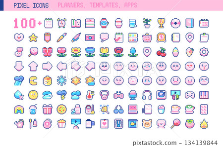 Kawaii Pixel Planner Icons Pack. 8bit Hearts, Emojis, Arrows, Flowers, Snacks and App UI Badges Collection. 134139844