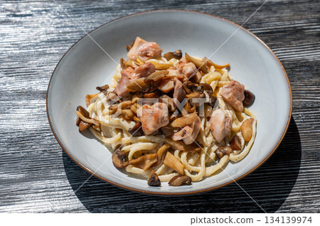 Plate of chicken and mushroom pasta. Plate of chicken and mushroom pasta. 134139974