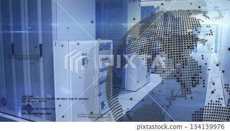 Highlighting server cabinets on floor tiles at data center, with code and globe overlay, copy space Highlighting server cabinets on floor tiles at data center, with code and globe overlay, copy space 134139976