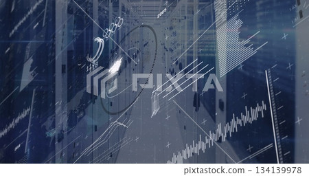 Displaying digital analytics overlay at office corridor, with circular graph and line charts Displaying digital analytics overlay at office corridor, with circular graph and line charts 134139978