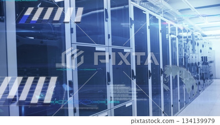 Glowing row of server cabinets humming in data center corridor, with LED lights and digital overlay Glowing row of server cabinets humming in data center corridor, with LED lights and digital overlay 134139979