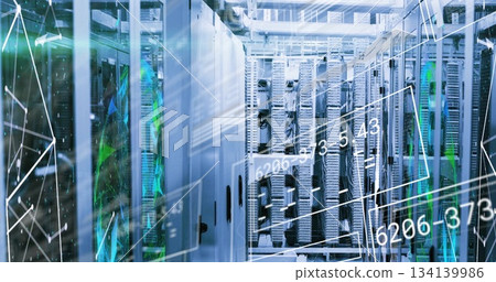 White server cabinet door left in data center glowing blue, with cable bundles, LEDs and overlays 134139986